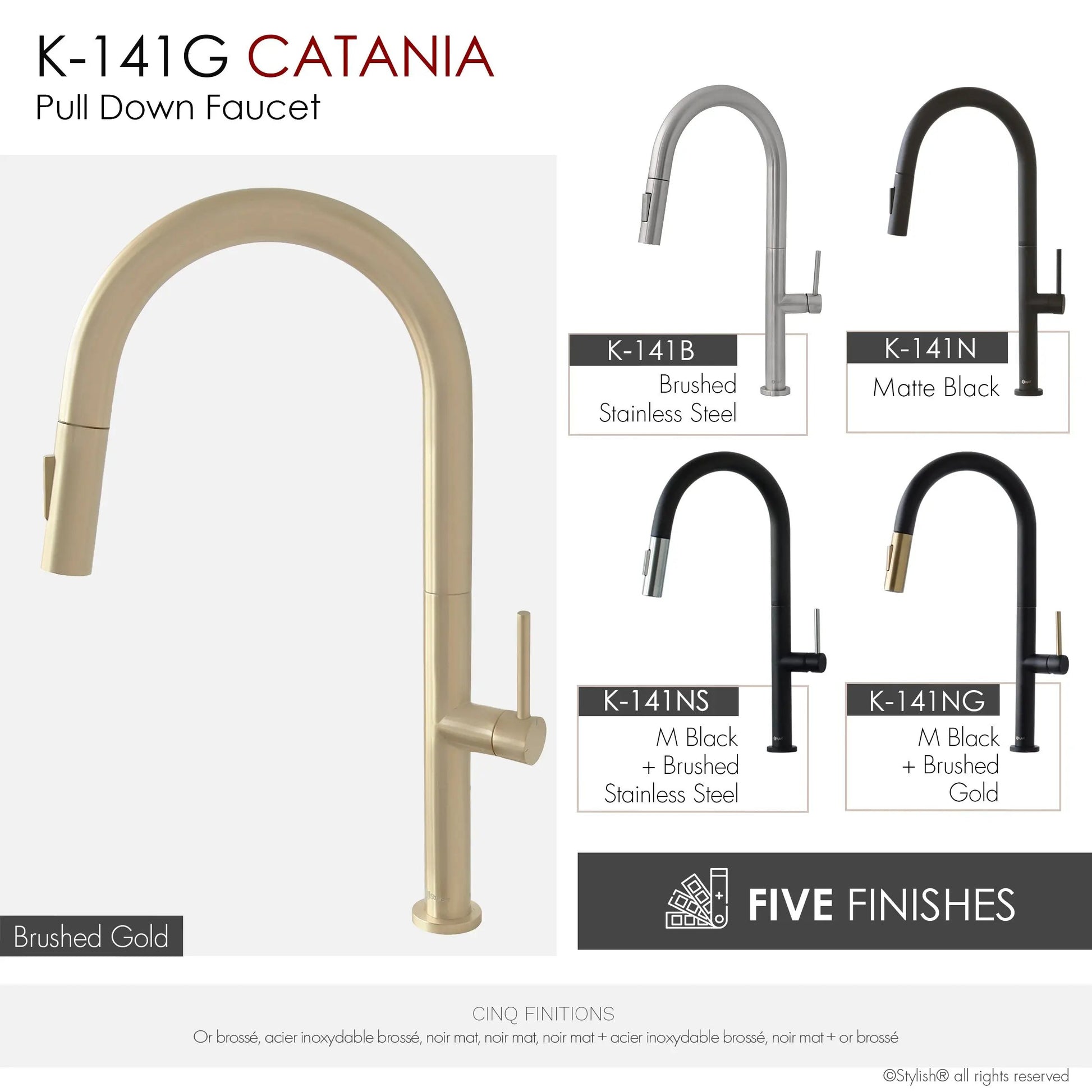 Stylish Catania Single Handle Brushed Gold Pull Down Kitchen Faucet - Plumbing Market