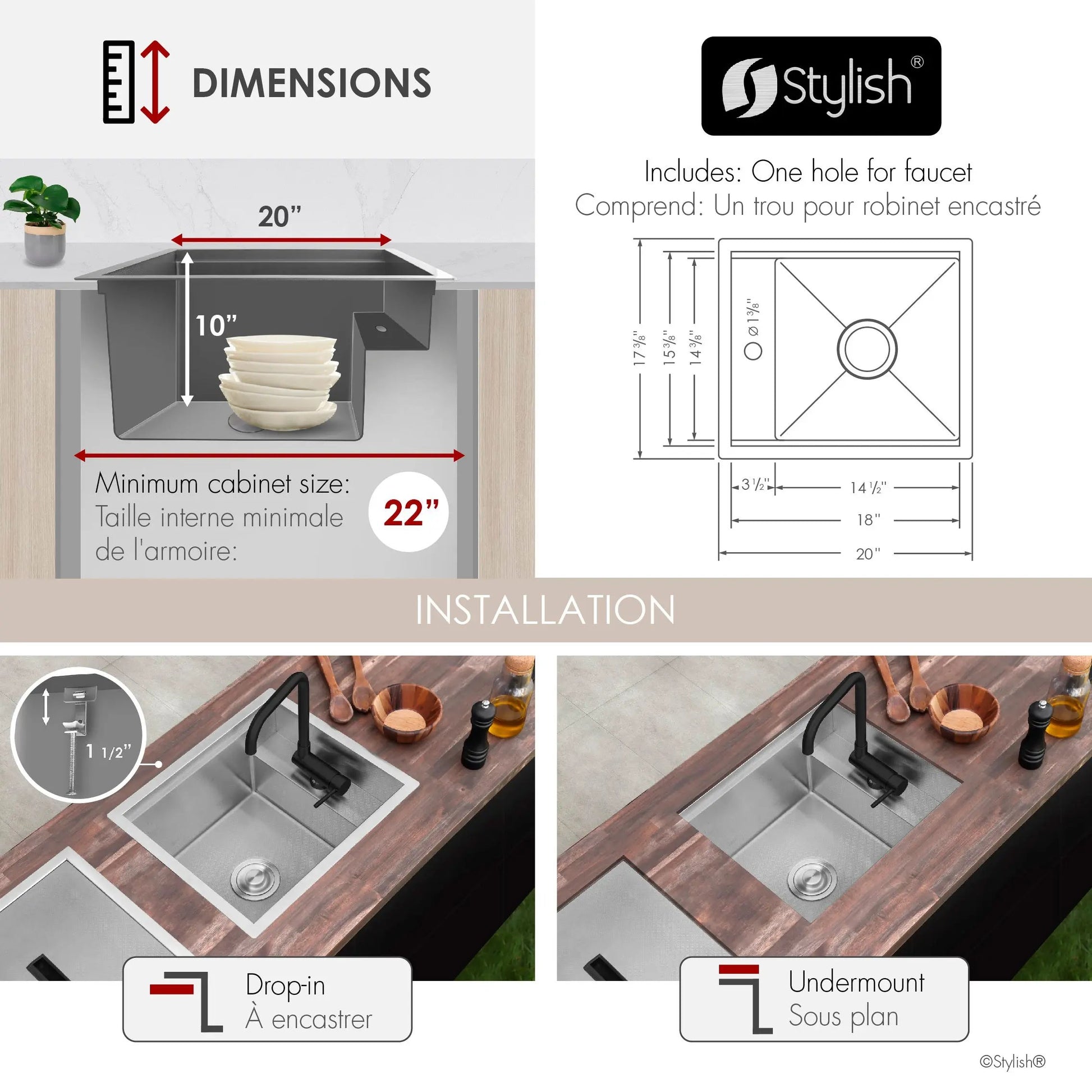 Stylish Concealed Dual-Mount Stainless Steel Utility Sink – 20-Inch, 1-Hole Prep Sink Dura-Tek Finish with Matte Black Faucet - Plumbing Market