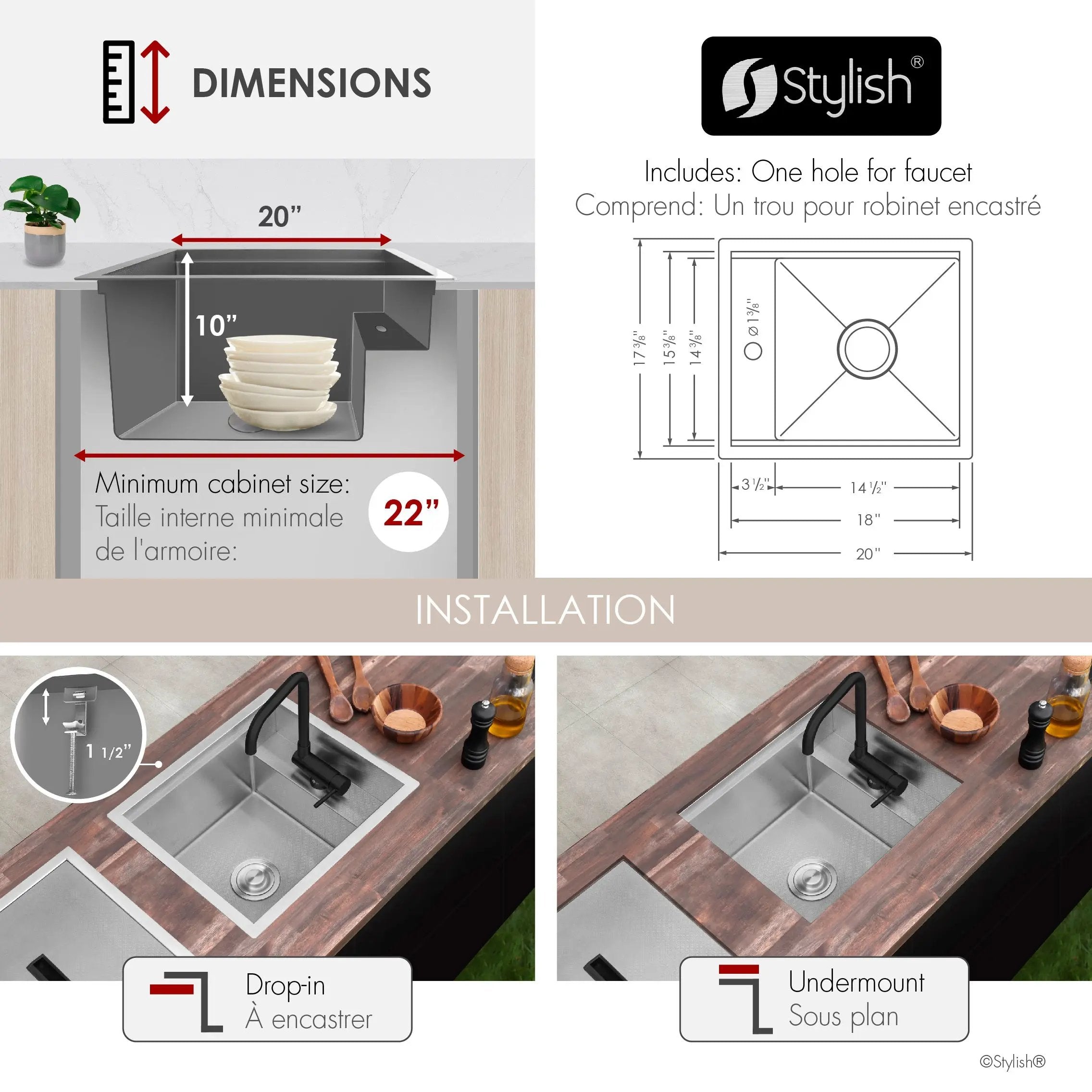 Stylish Concealed Dual-Mount Stainless Steel Utility Sink – 20-Inch, 1-Hole Prep Sink Dura-Tek Finish with Matte Black Faucet - Plumbing Market