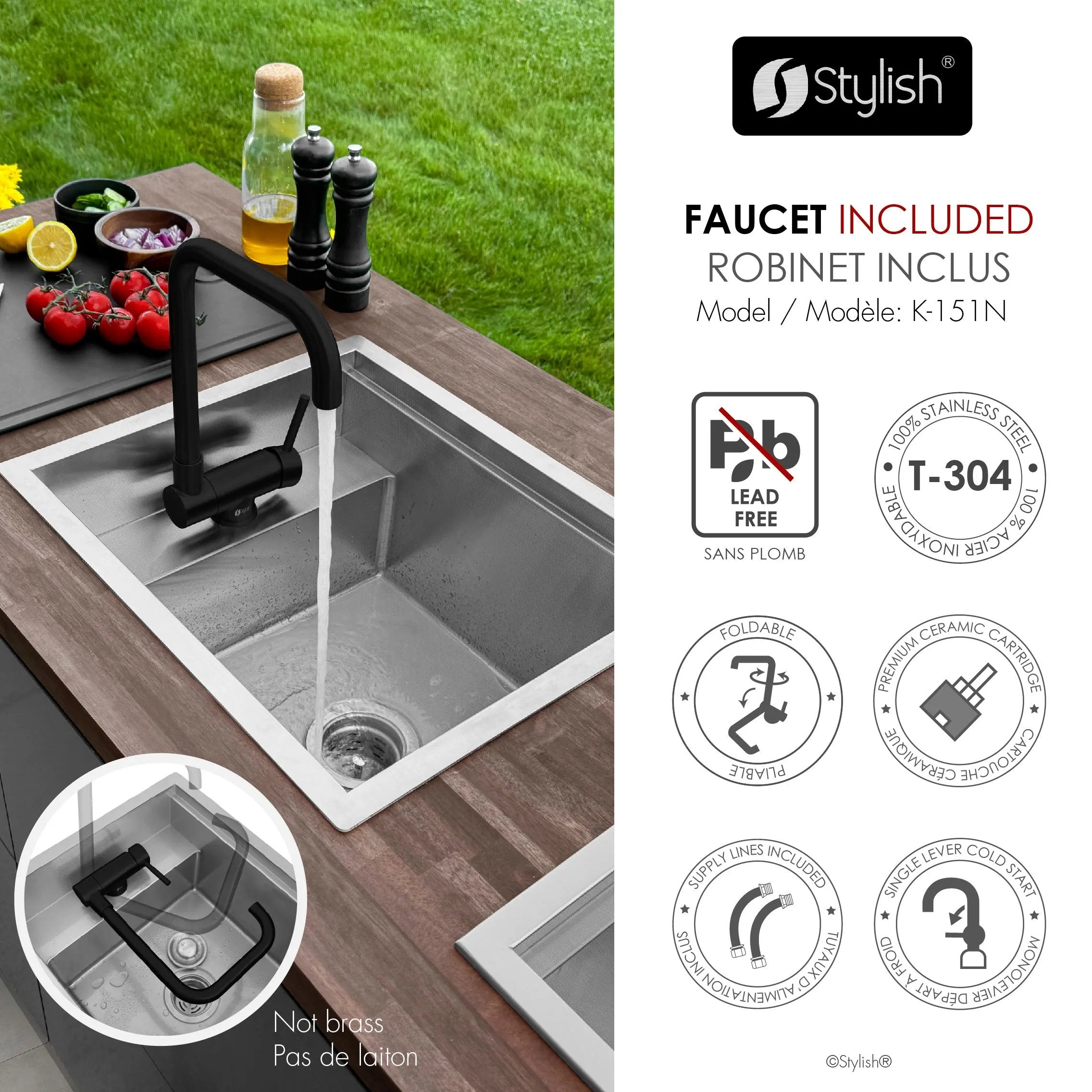 Stylish Concealed Dual-Mount Stainless Steel Utility Sink – 20-Inch, 1-Hole Prep Sink Dura-Tek Finish with Matte Black Faucet - Plumbing Market