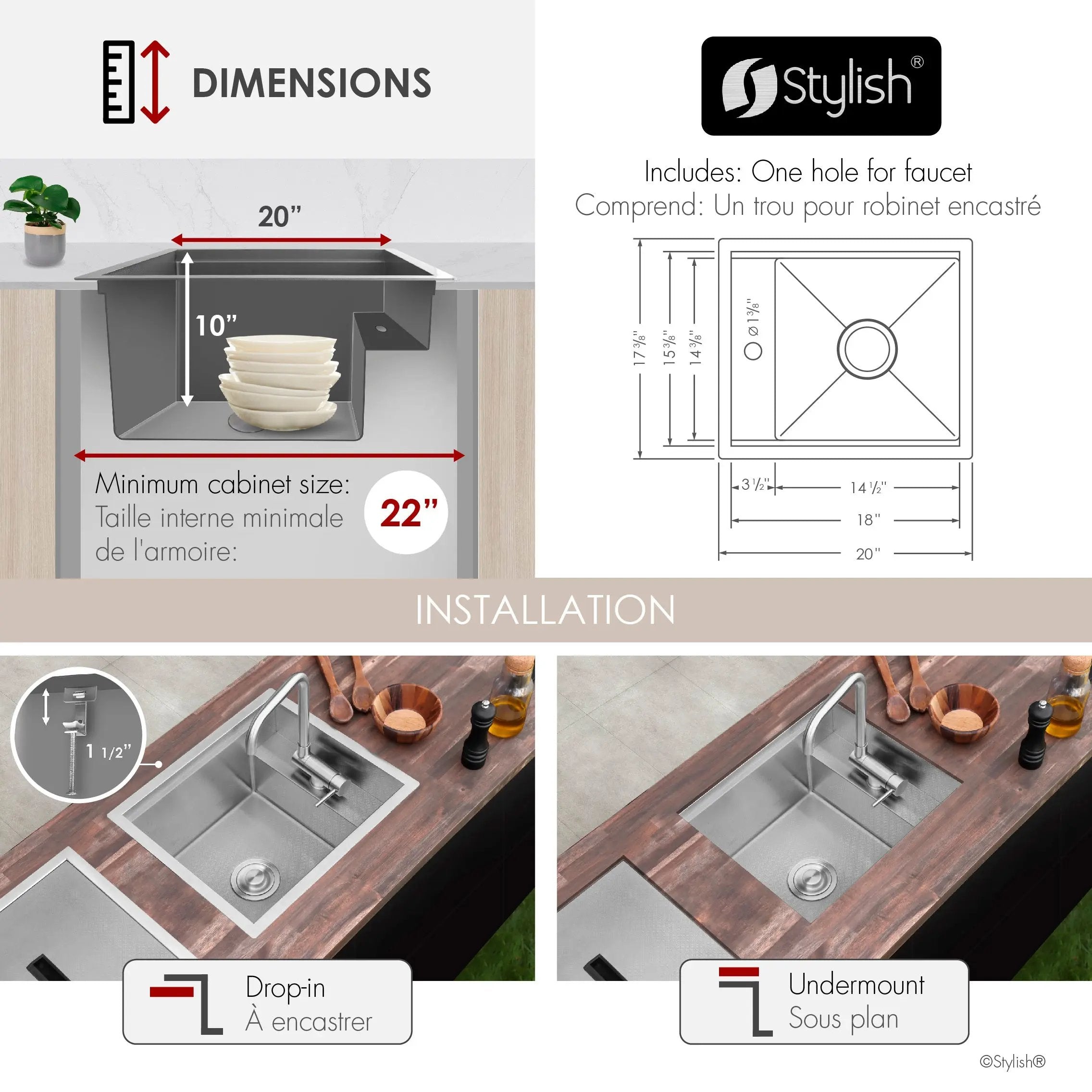 Stylish Concealed Dual-Mount Stainless Steel Utility Sink – 20-Inch, 1-Hole Prep Sink Dura-Tek Finish with Stainless Steel Faucet. - Plumbing Market
