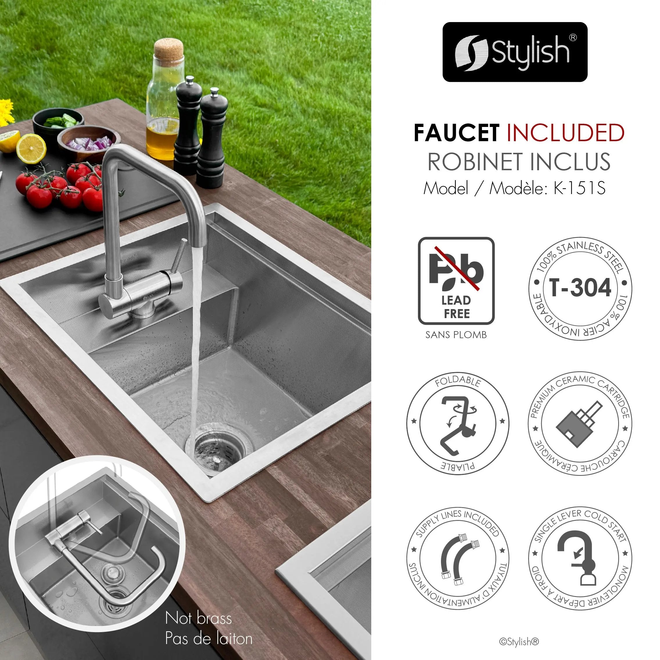 Stylish Concealed Dual-Mount Stainless Steel Utility Sink – 20-Inch, 1-Hole Prep Sink Dura-Tek Finish with Stainless Steel Faucet. - Plumbing Market
