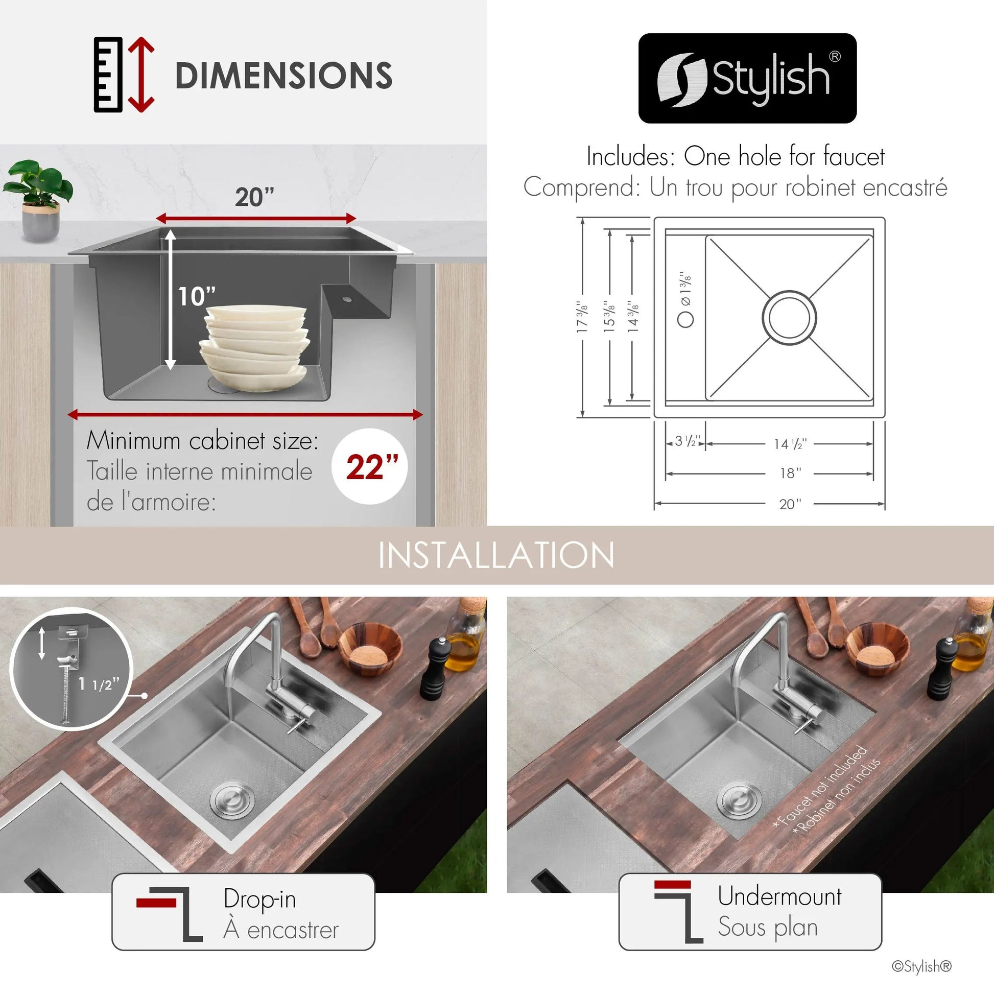 Stylish Concealed Dual-Mount Stainless Steel Utility Sink – 20-Inch, 1-Hole Prep Sink with Dura-Tek - Plumbing Market