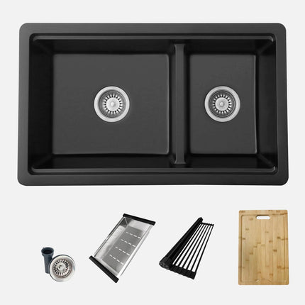 Stylish Dual Mount 30 inch Black Composite Granite Double Bowl Workstation Kitchen Sink - Plumbing Market