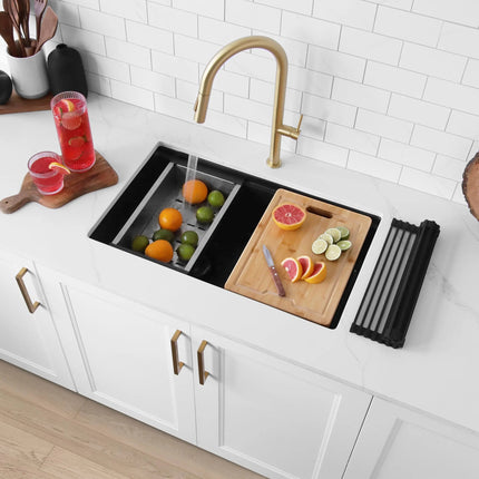 Stylish Dual Mount 30 inch Black Composite Granite Double Bowl Workstation Kitchen Sink - Plumbing Market