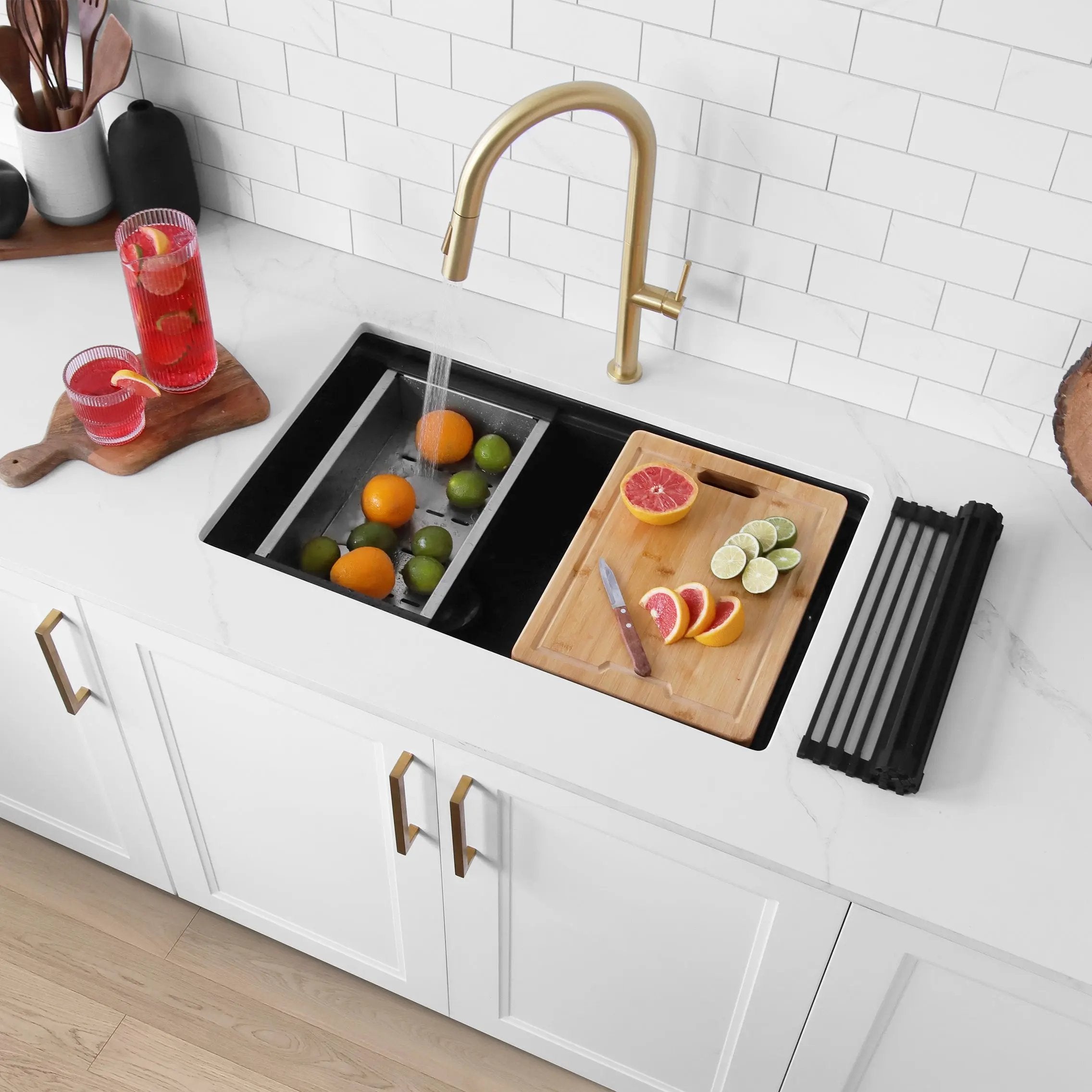 Stylish Dual Mount 30 inch Black Composite Granite Double Bowl Workstation Kitchen Sink - Plumbing Market