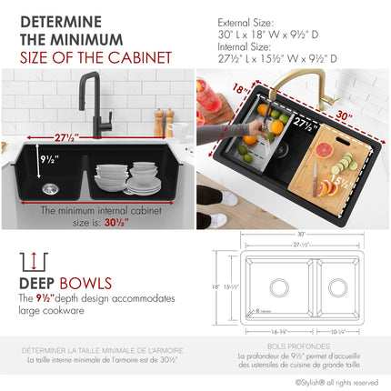 Stylish Dual Mount 30 inch Black Composite Granite Double Bowl Workstation Kitchen Sink - Plumbing Market