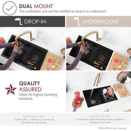 Stylish Dual Mount 30 inch Black Composite Granite Double Bowl Workstation Kitchen Sink - Plumbing Market