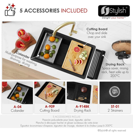 Stylish Dual Mount 30 inch Black Composite Granite Double Bowl Workstation Kitchen Sink - Plumbing Market