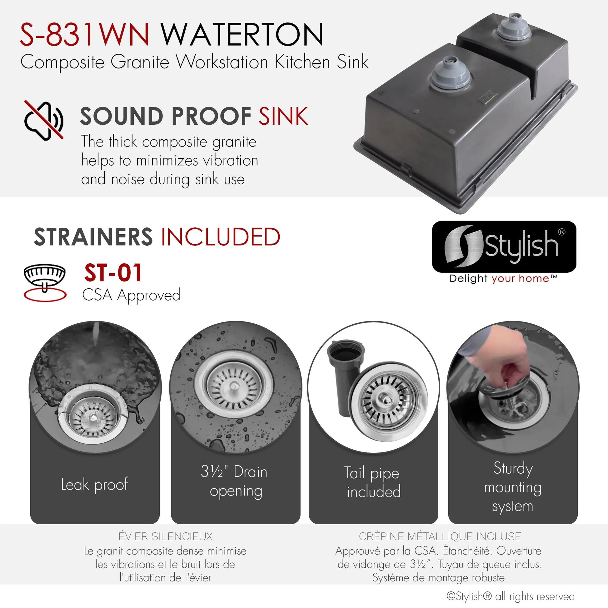 Stylish Dual Mount 30 inch Black Composite Granite Double Bowl Workstation Kitchen Sink - Plumbing Market
