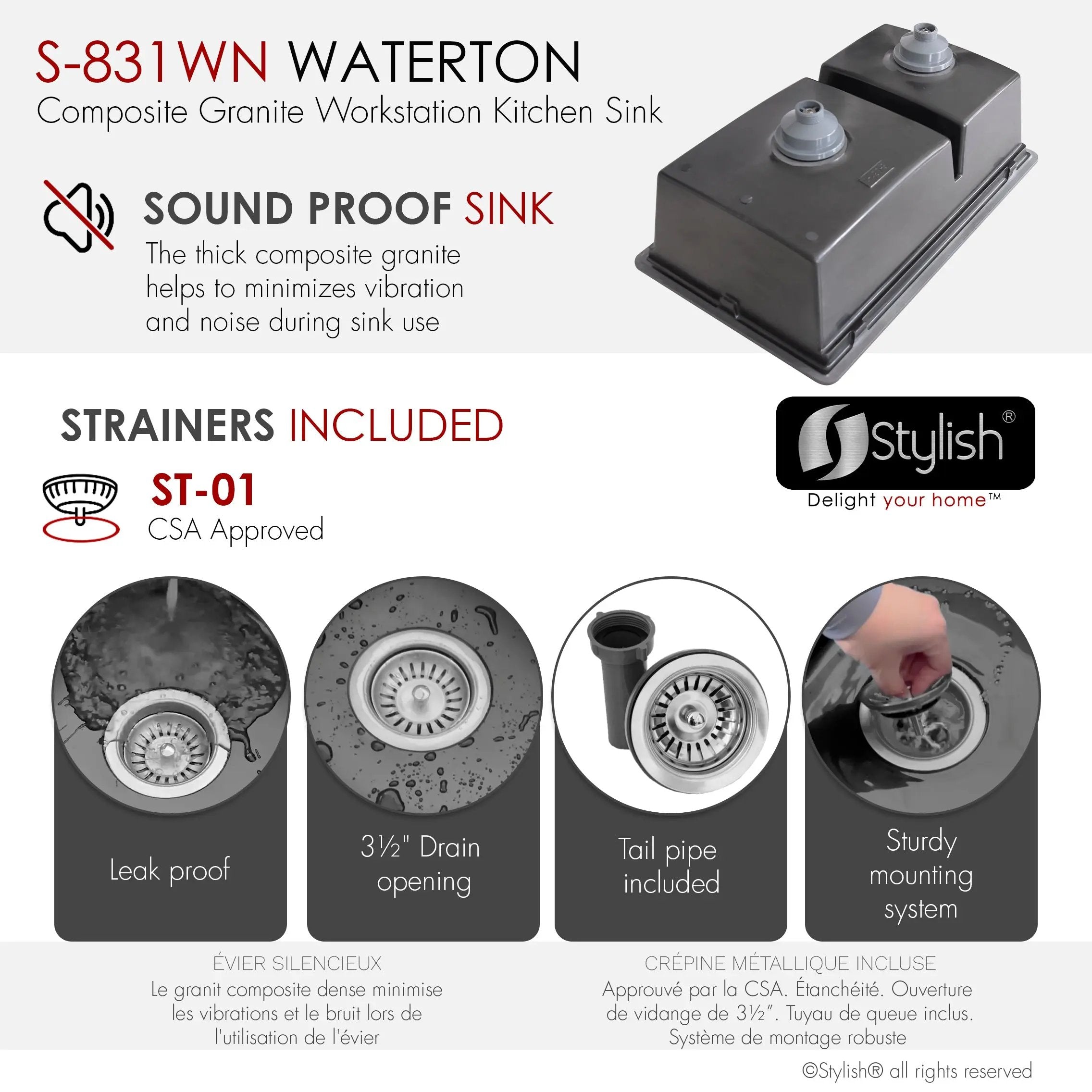 Stylish Dual Mount 30 inch Black Composite Granite Double Bowl Workstation Kitchen Sink - Plumbing Market