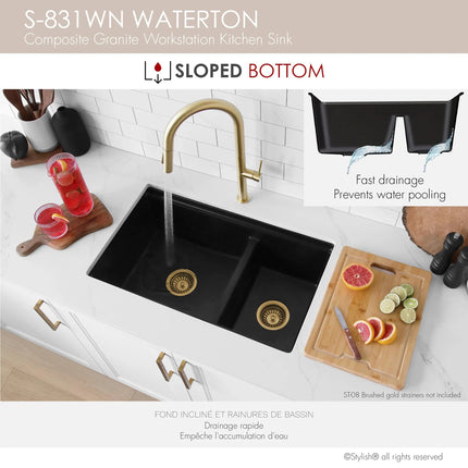 Stylish Dual Mount 30 inch Black Composite Granite Double Bowl Workstation Kitchen Sink - Plumbing Market