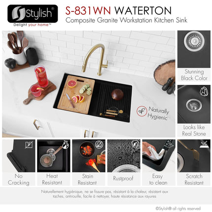 Stylish Dual Mount 30 inch Black Composite Granite Double Bowl Workstation Kitchen Sink - Plumbing Market