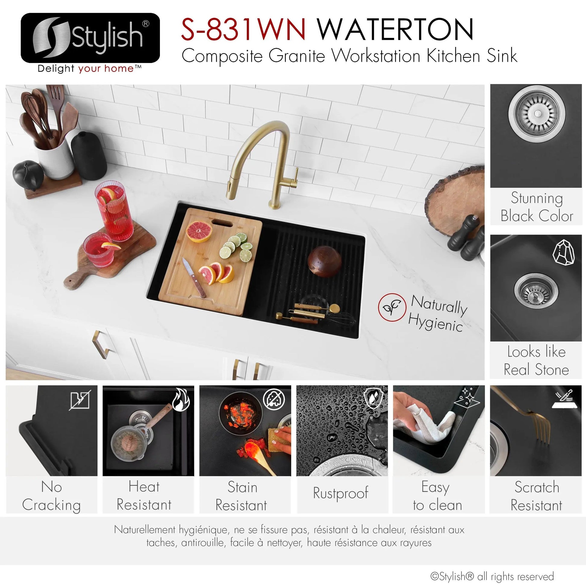 Stylish Dual Mount 30 inch Black Composite Granite Double Bowl Workstation Kitchen Sink - Plumbing Market