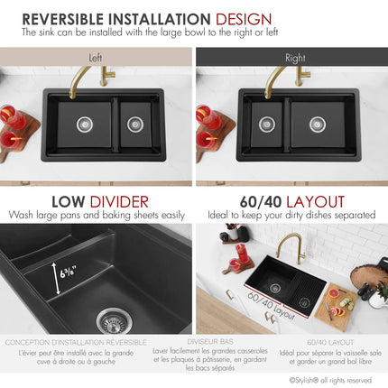 Stylish Dual Mount 30 inch Black Composite Granite Double Bowl Workstation Kitchen Sink - Plumbing Market