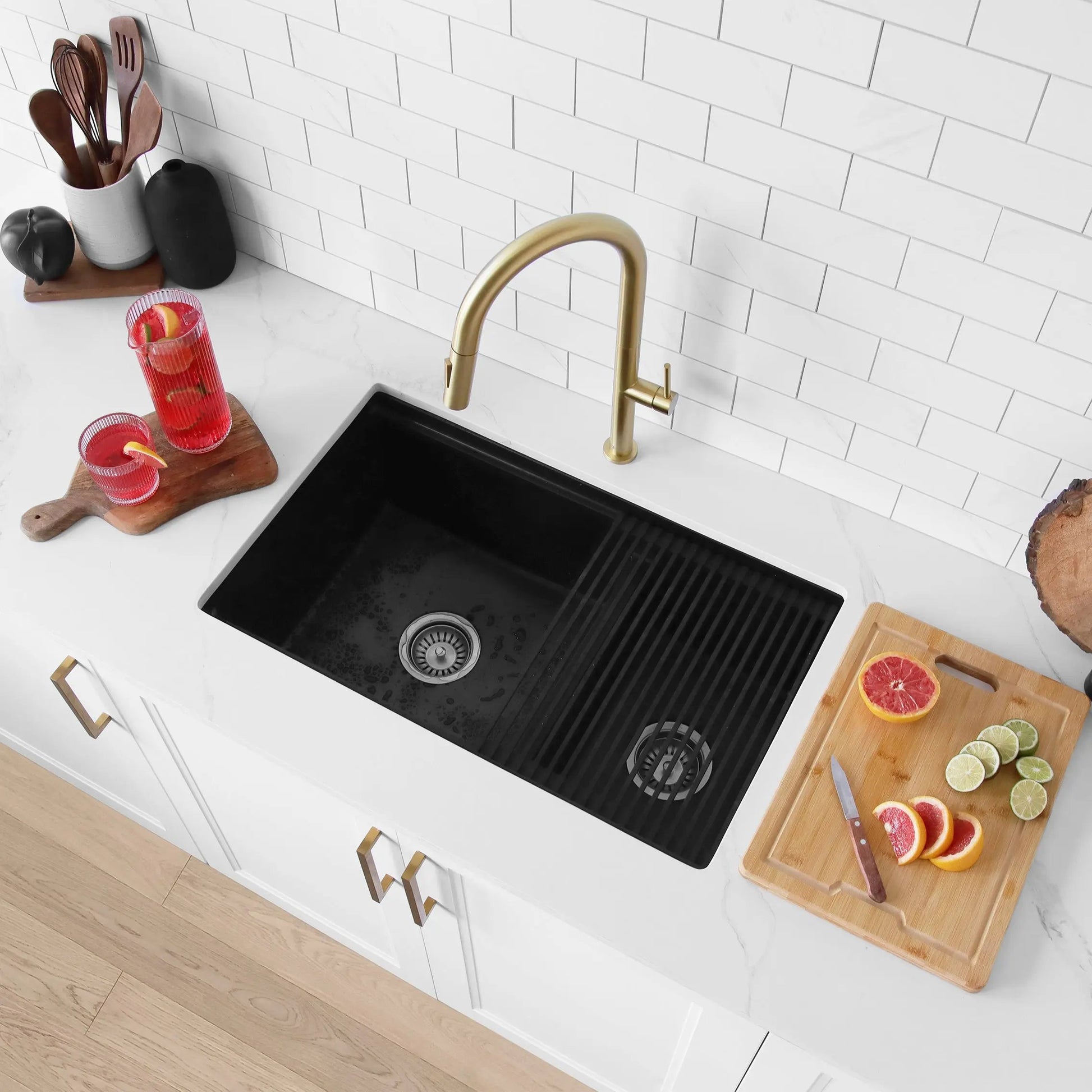 Stylish Dual Mount 30 inch Black Composite Granite Double Bowl Workstation Kitchen Sink - Plumbing Market