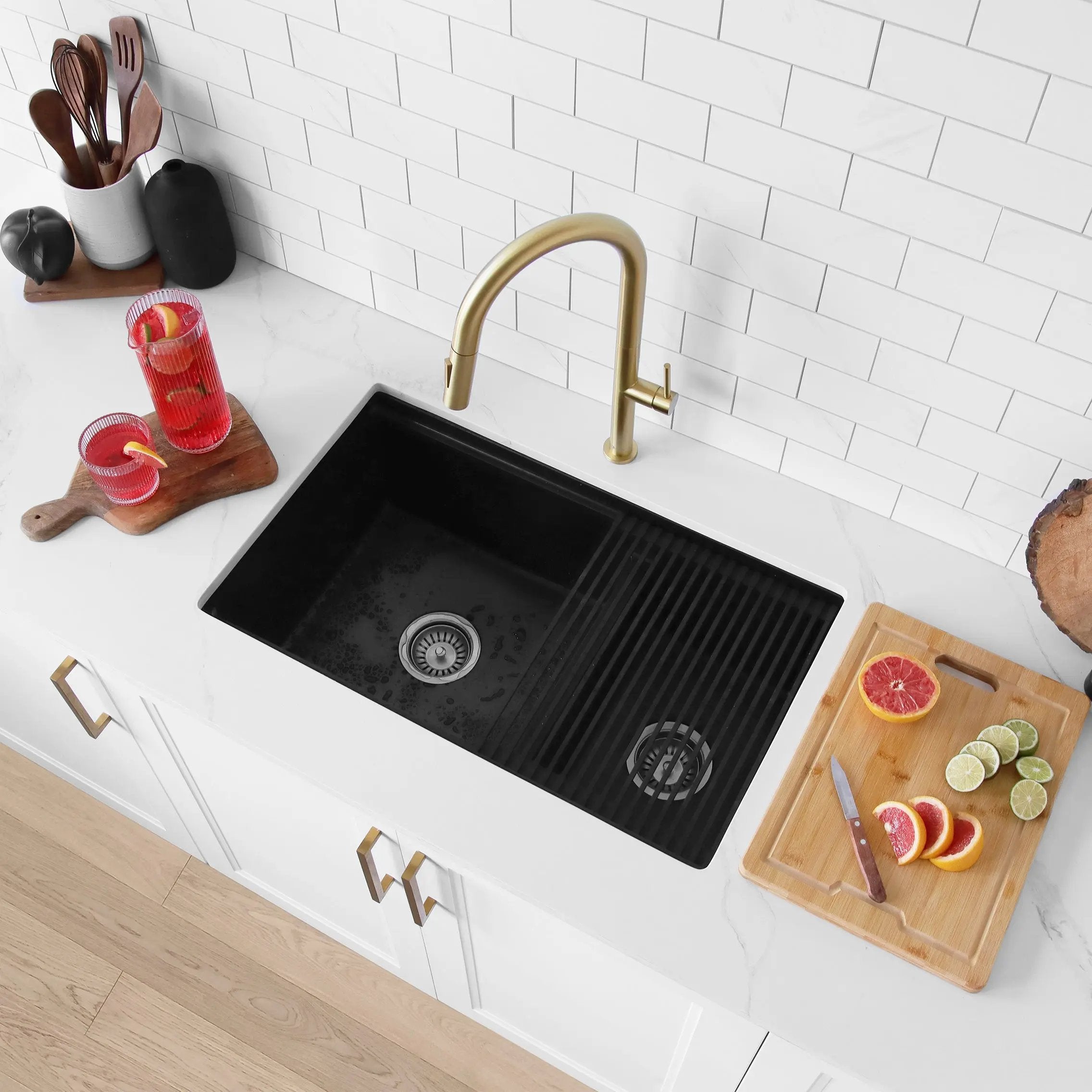 Stylish Dual Mount 30 inch Black Composite Granite Double Bowl Workstation Kitchen Sink - Plumbing Market