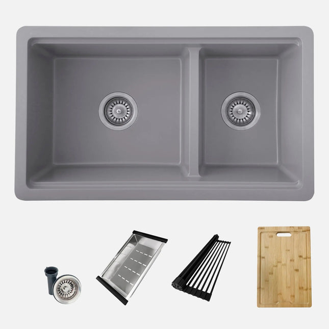 Stylish Dual Mount 30 inch Grey Composite Granite Double Bowl Workstation Kitchen Sink - Plumbing Market