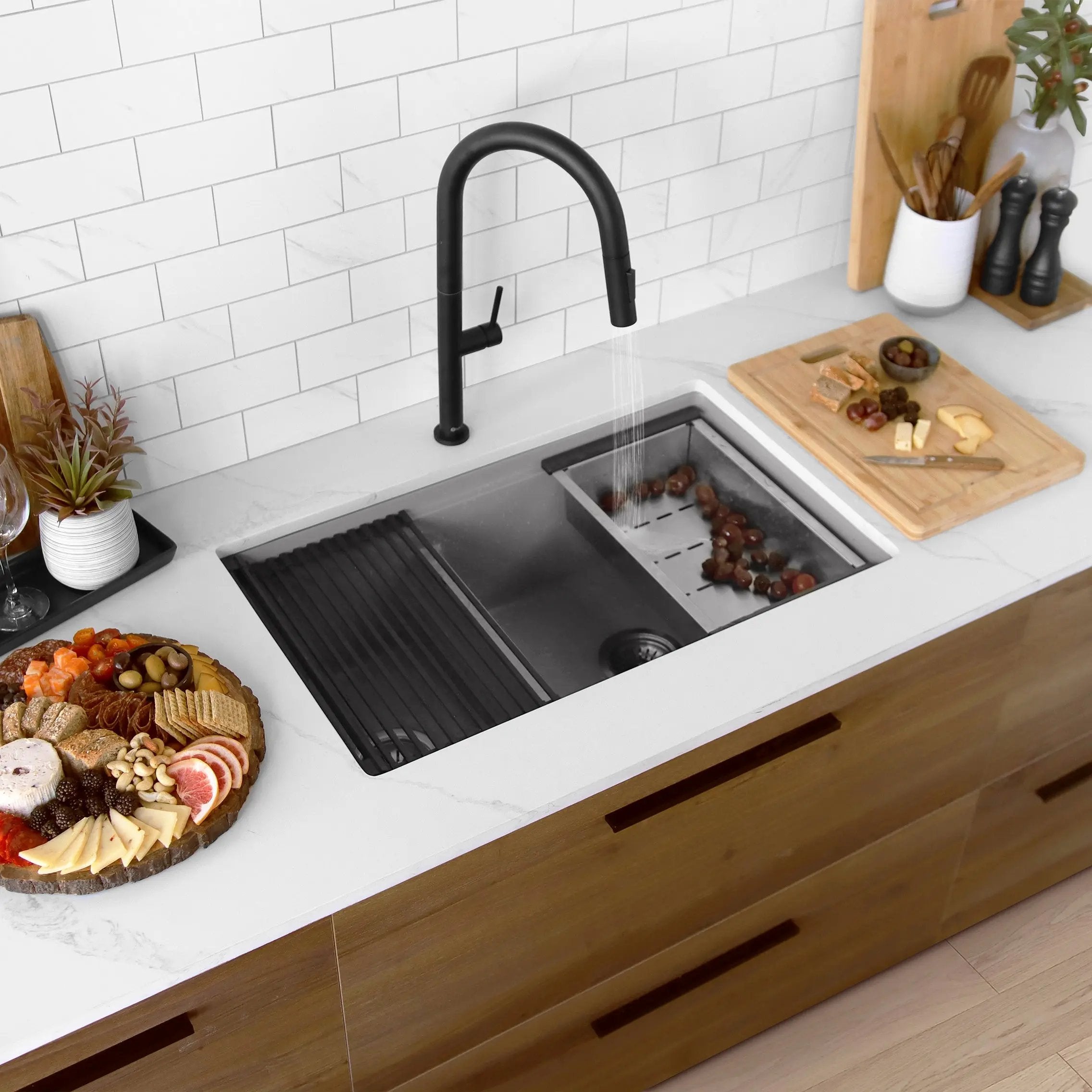 Stylish Dual Mount 30 inch Grey Composite Granite Double Bowl Workstation Kitchen Sink - Plumbing Market