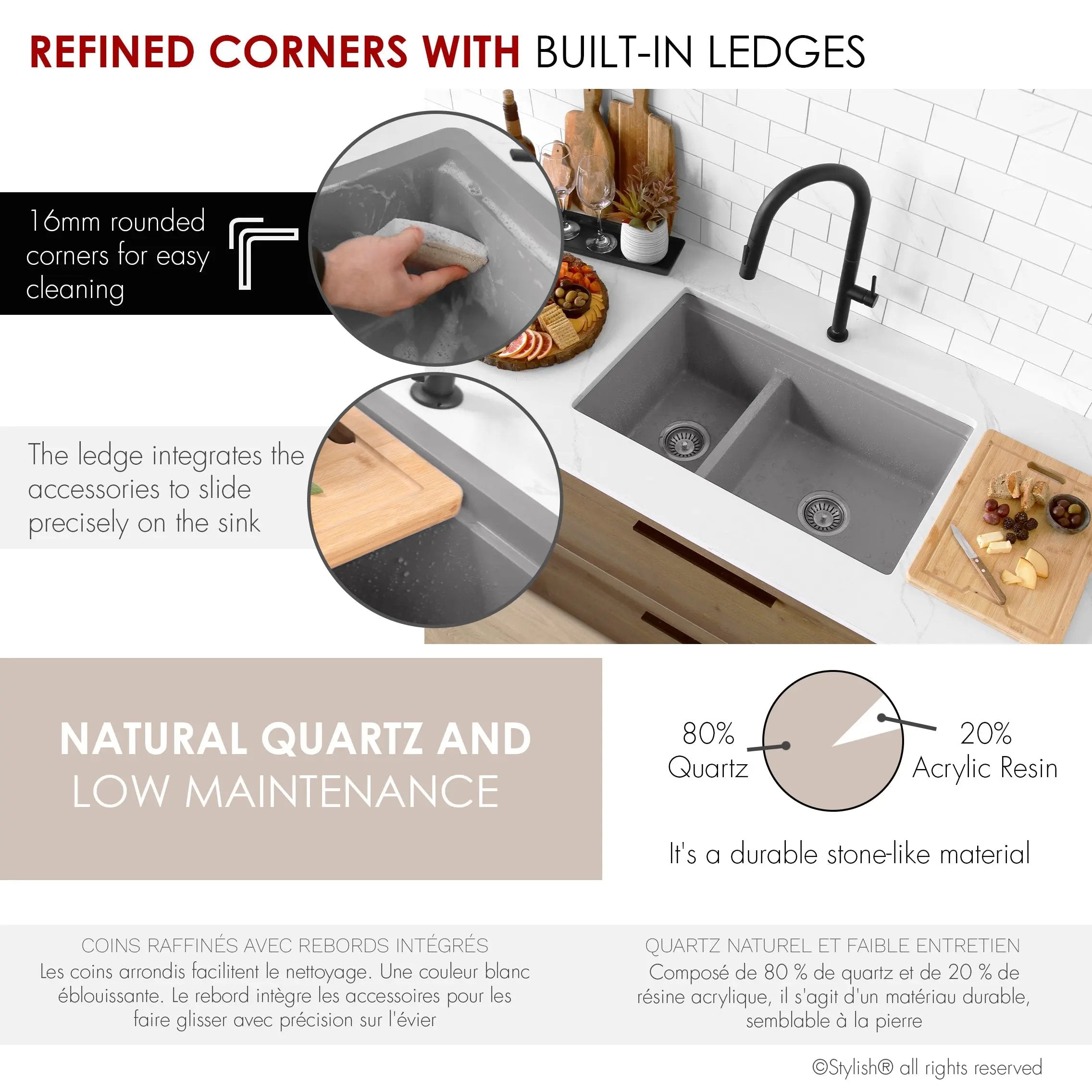 Stylish Dual Mount 30 inch Grey Composite Granite Double Bowl Workstation Kitchen Sink - Plumbing Market
