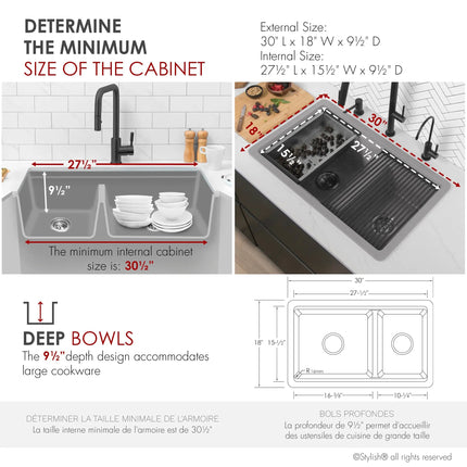 Stylish Dual Mount 30 inch Grey Composite Granite Double Bowl Workstation Kitchen Sink - Plumbing Market