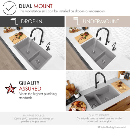 Stylish Dual Mount 30 inch Grey Composite Granite Double Bowl Workstation Kitchen Sink - Plumbing Market