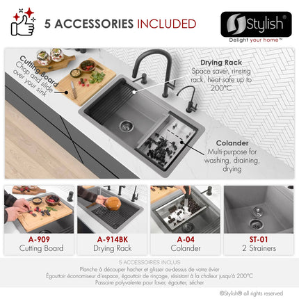 Stylish Dual Mount 30 inch Grey Composite Granite Double Bowl Workstation Kitchen Sink - Plumbing Market