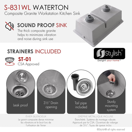 Stylish Dual Mount 30 inch Grey Composite Granite Double Bowl Workstation Kitchen Sink - Plumbing Market