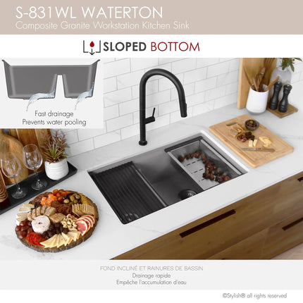 Stylish Dual Mount 30 inch Grey Composite Granite Double Bowl Workstation Kitchen Sink - Plumbing Market