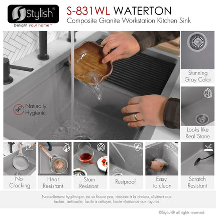 Stylish Dual Mount 30 inch Grey Composite Granite Double Bowl Workstation Kitchen Sink - Plumbing Market