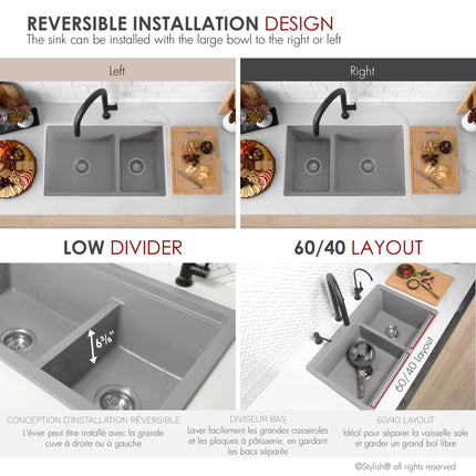 Stylish Dual Mount 30 inch Grey Composite Granite Double Bowl Workstation Kitchen Sink - Plumbing Market
