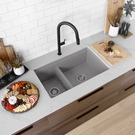 Stylish Dual Mount 30 inch Grey Composite Granite Double Bowl Workstation Kitchen Sink - Plumbing Market