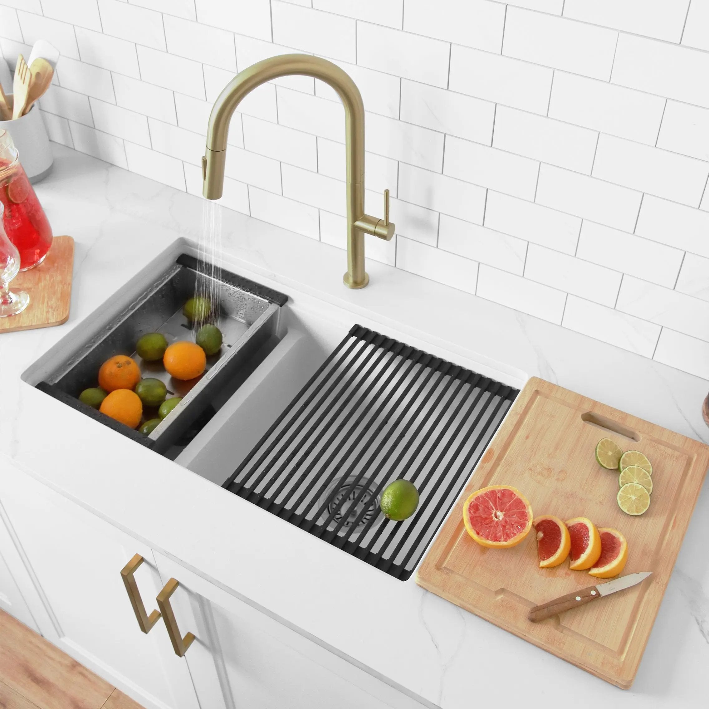Stylish Dual Mount 30 inch White Composite Granite Double Bowl Workstation Kitchen Sink - Plumbing Market