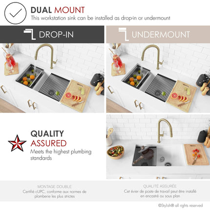 Stylish Dual Mount 30 inch White Composite Granite Double Bowl Workstation Kitchen Sink - Plumbing Market