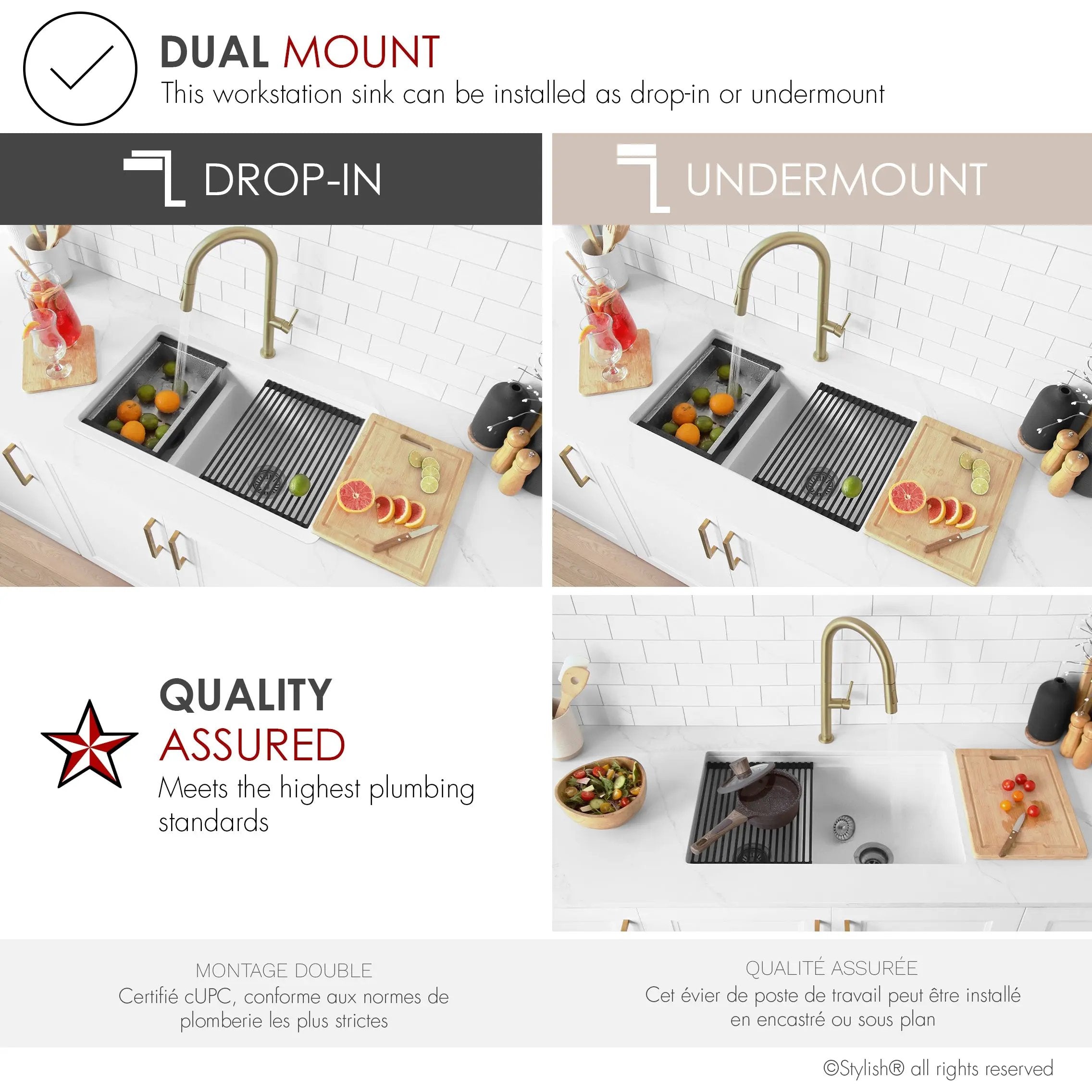 Stylish Dual Mount 30 inch White Composite Granite Double Bowl Workstation Kitchen Sink - Plumbing Market