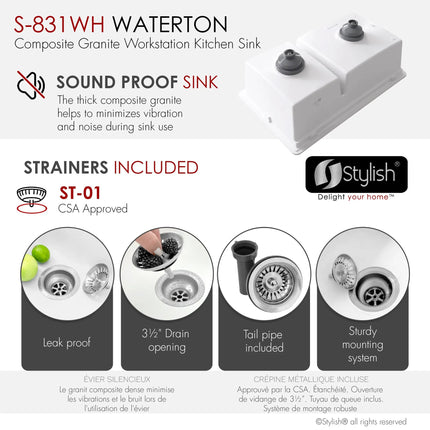 Stylish Dual Mount 30 inch White Composite Granite Double Bowl Workstation Kitchen Sink - Plumbing Market