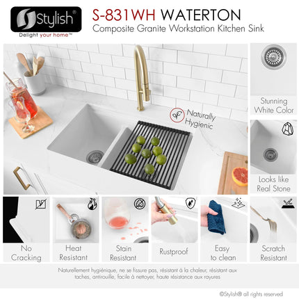 Stylish Dual Mount 30 inch White Composite Granite Double Bowl Workstation Kitchen Sink - Plumbing Market
