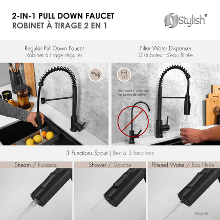 Stylish Milano Pull-Down Kitchen Faucet with water filter. Stainless Steel  Black. - Plumbing Market