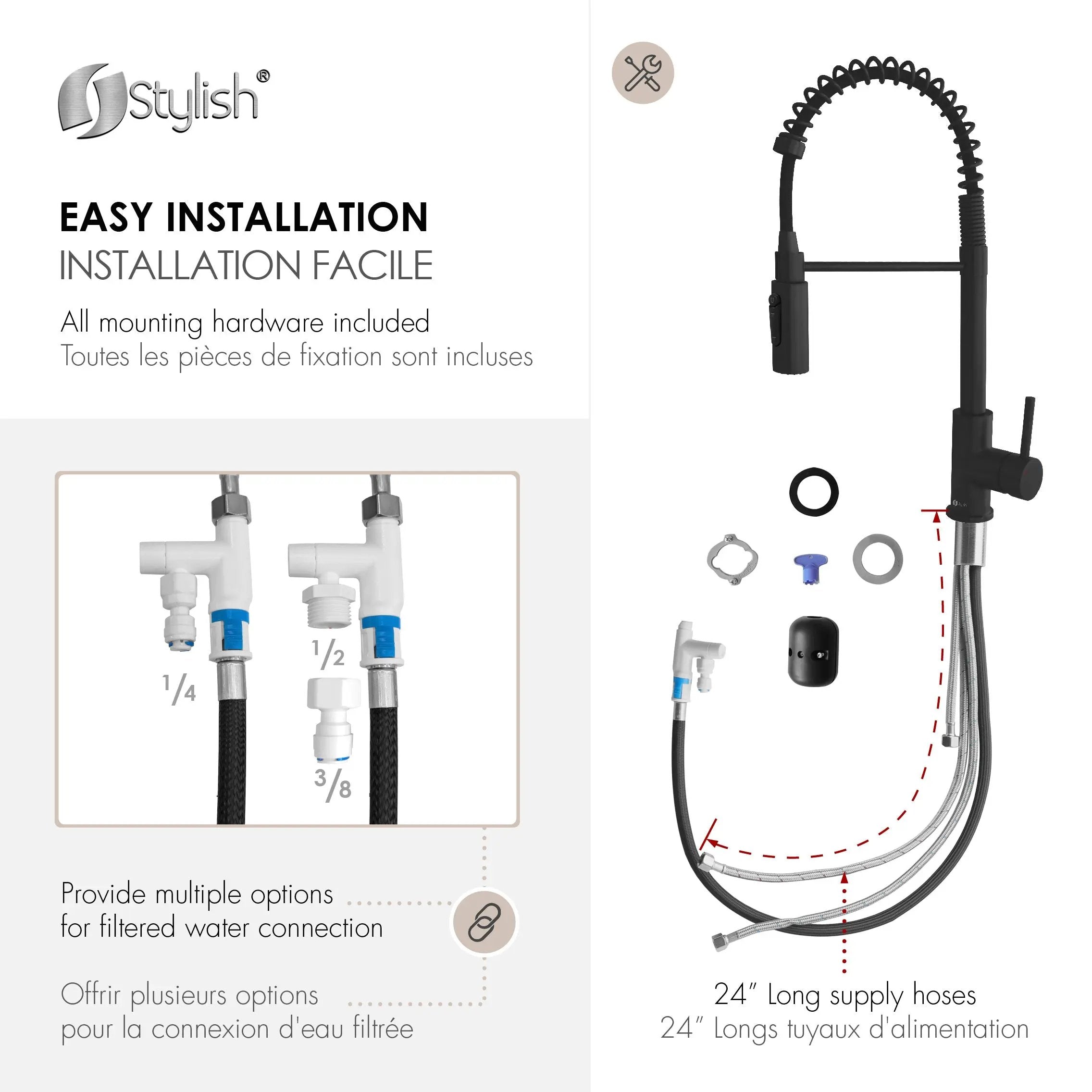 Stylish Milano Pull-Down Kitchen Faucet with water filter. Stainless Steel  Black. - Plumbing Market