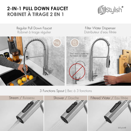 Stylish Milano Pull-Down Kitchen Faucet with water filter. Stainless Steel  Brush. - Plumbing Market