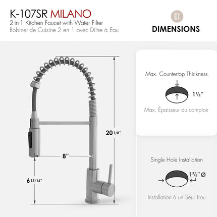 Stylish Milano Pull-Down Kitchen Faucet with water filter. Stainless Steel  Brush. - Plumbing Market