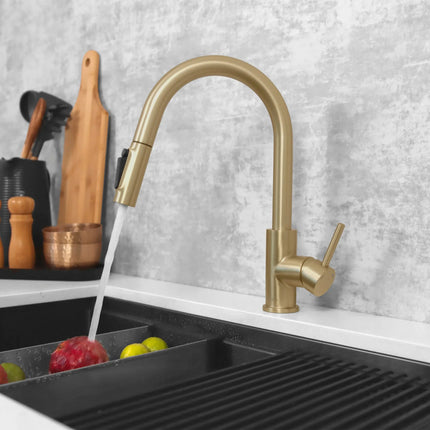 Stylish Modena Single Handle Brushed Gold Pull Down Kitchen Faucet with Reversible Osmosis - Plumbing Market