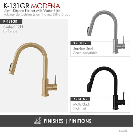Stylish Modena Single Handle Brushed Gold Pull Down Kitchen Faucet with Reversible Osmosis - Plumbing Market