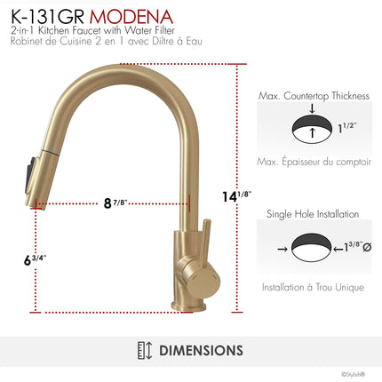 Stylish Modena Single Handle Brushed Gold Pull Down Kitchen Faucet with Reversible Osmosis - Plumbing Market