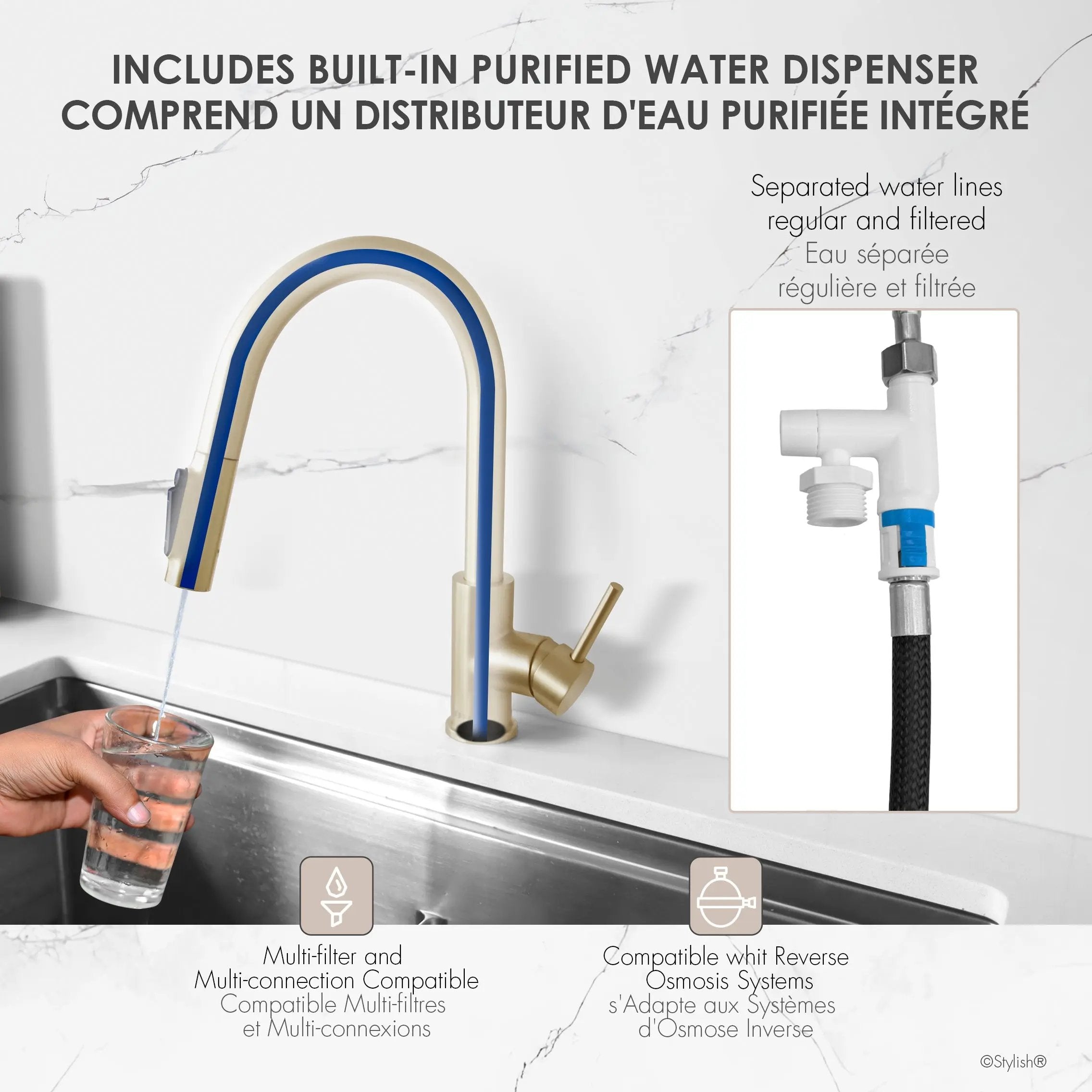 Stylish Modena Single Handle Brushed Gold Pull Down Kitchen Faucet with Reversible Osmosis - Plumbing Market
