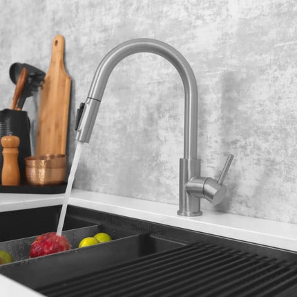 Stylish Modena Single Handle Brushed Stainless Steel Pull Down Kitchen Faucet with Reversible Osmosis - Plumbing Market