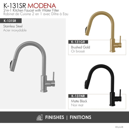 Stylish Modena Single Handle Brushed Stainless Steel Pull Down Kitchen Faucet with Reversible Osmosis - Plumbing Market