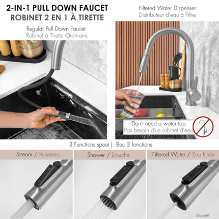 Stylish Modena Single Handle Brushed Stainless Steel Pull Down Kitchen Faucet with Reversible Osmosis - Plumbing Market