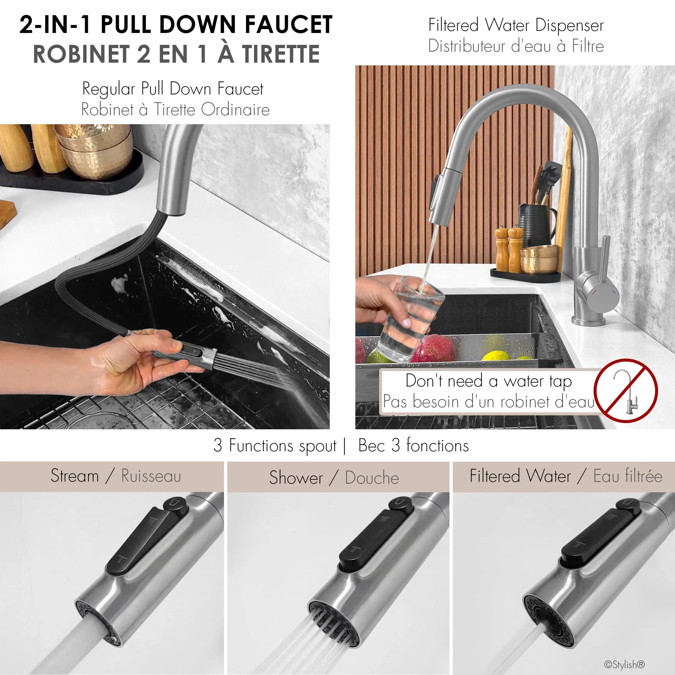 Stylish Modena Single Handle Brushed Stainless Steel Pull Down Kitchen Faucet with Reversible Osmosis - Plumbing Market
