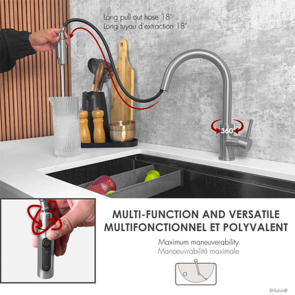 Stylish Modena Single Handle Brushed Stainless Steel Pull Down Kitchen Faucet with Reversible Osmosis - Plumbing Market